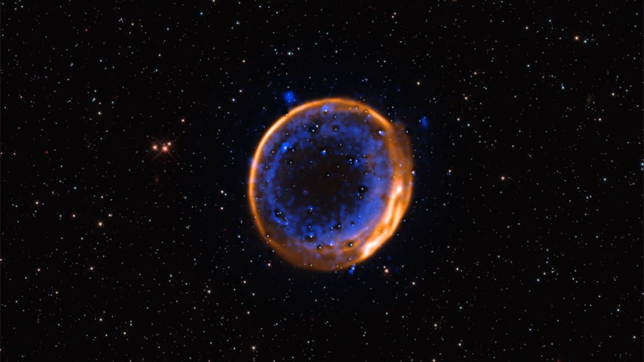 A Double Detonation Supernova: SNR 0509-67.5 may be a rare double-detonation supernova. One explosion triggered another, forming twin shells but its 400-year-old blast strangely went unrecorded and its companion star remains missing. (Image: NASA)