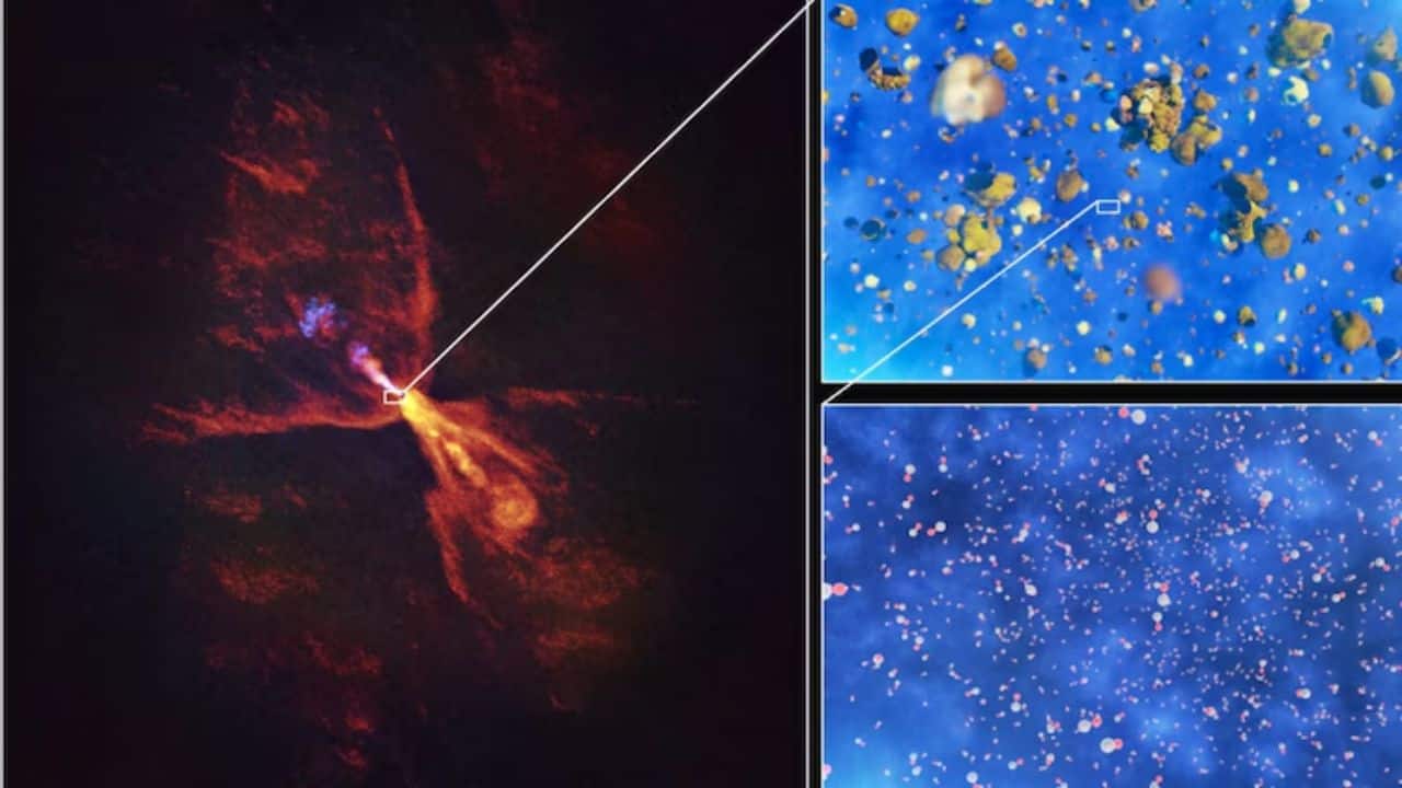 These images show hot gas turning into solid minerals around the infant star HOPS-315. (Image: ESO)