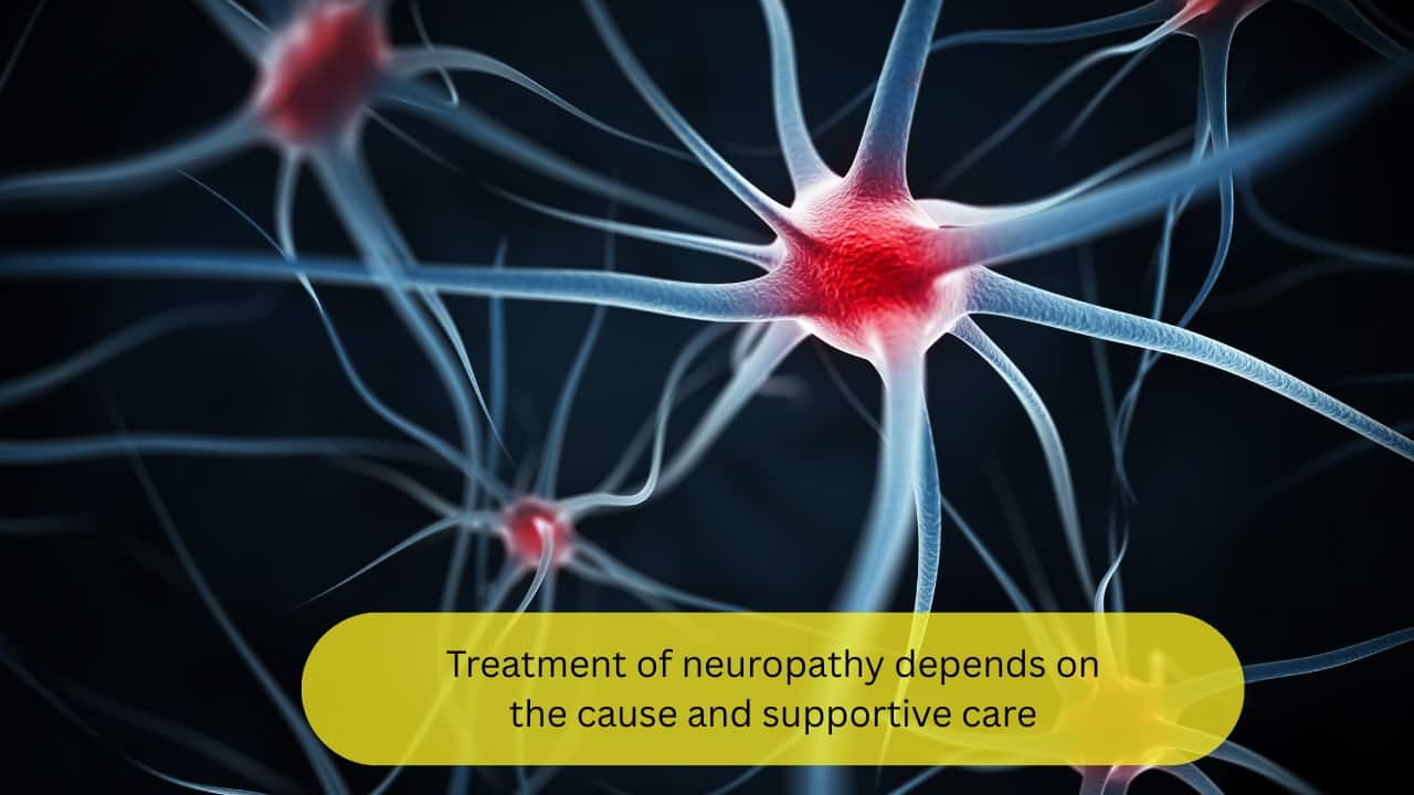 Treatment of neuropathy depends on the cause and supportive care The treatment depends mostly on the underlying pathology and its correction. Nutrient deficiencies must be corrected by adding the required vitamins like B12 and vitamin E. Alcohol consumption must be curbed, and physiotherapy may be recommended by your health care professional to deal with the weakness that accompanies peripheral neuropathy.(Image : canva)