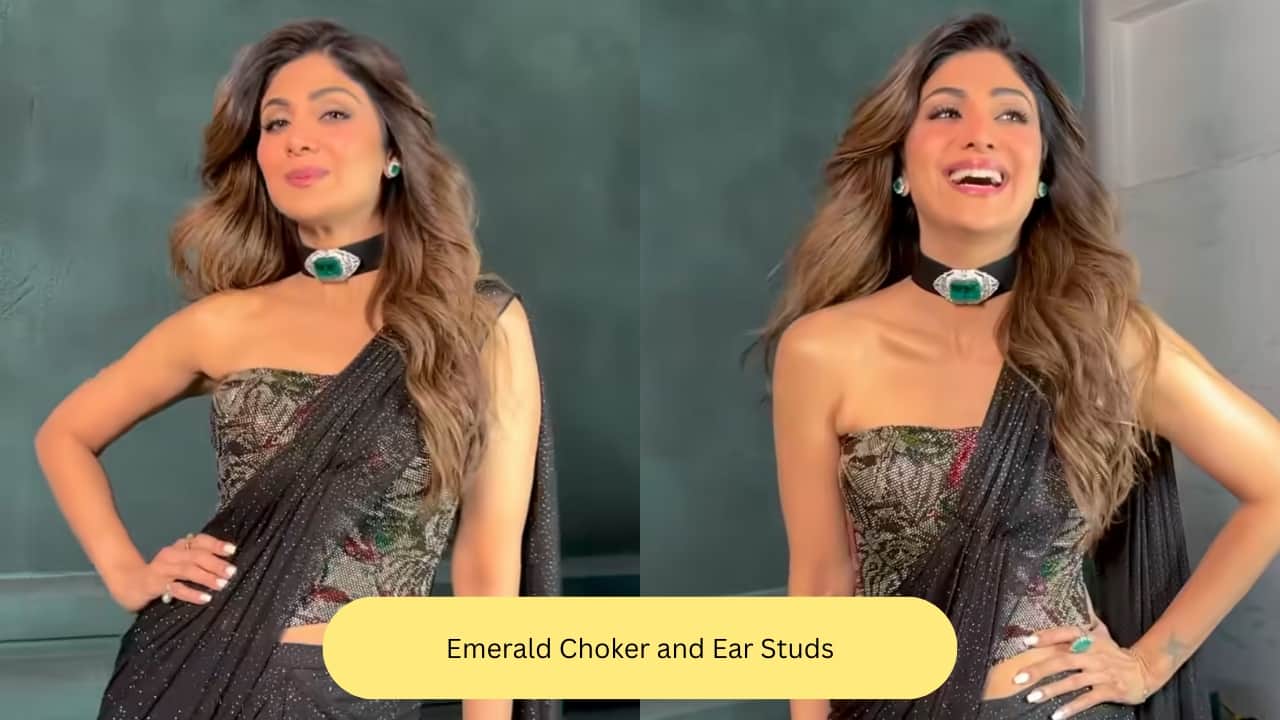 Emerald Choker and Ear Studs Shilpa Shetty’s sleek black look is further enhanced by a black-strapped choker adorned with an impressive emerald stone, studded with diamonds. It’s paired with matching ear studs, making the entire look a glamorous affair.(Image: Instagram)