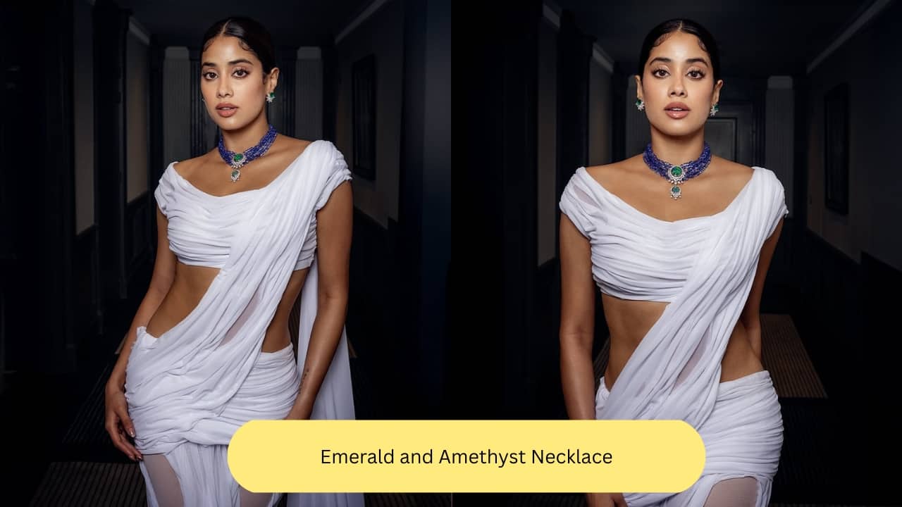 Emerald and Amethyst Necklace This one’s hard to overlook. Janhvi Kapoor makes a stunning statement in her stylish white saree, accessorised with a beaded amethyst choker adorned with emeralds at the centre. The electric hues add a bright pop of colour and elevate the look. It’s paired with emerald and diamond earrings.(Image: Instagram)