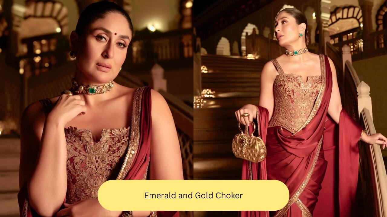 Emerald and Gold Choker Kareena’s stunning emerald and gold choker truly steals the spotlight with its design. It is a unique, bold, and contemporary piece bound to complement pre-stitched drapes. The actress has paired it with matching earrings.(Image: Instagram)   