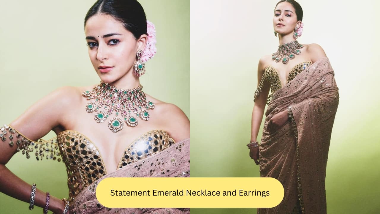 Statement Emerald Necklace and Earrings Go maximal like Ananya Panday, whose maharani-style emerald neckpiece steals the spotlight. It’s studded with not just emeralds but also rubies. Her matching earrings are also as dramatic and make her stand out.(Image: Instagram)
