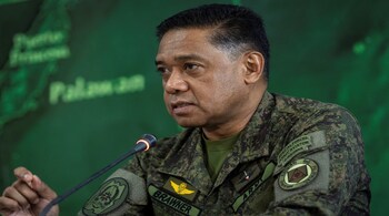 Armed Forces of the Philippines Chief of Staff General Romeo Brawner Jr. speaks to the media during a press briefing at Western Command in Puerto Princesa, Palawan, Philippines