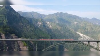 Vande Bharat Express passes through the the landscape, crossing Anji Bridge and Chenab Bridge | (X/@RailMinIndia)