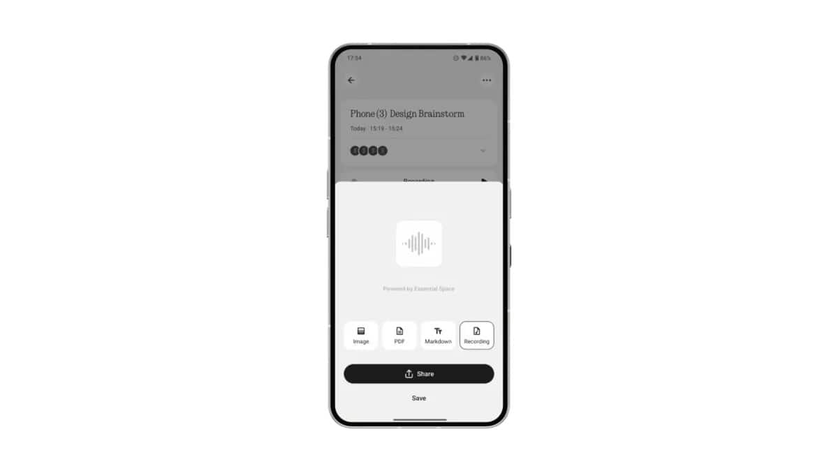 Share Memories Similarly, the Essential Hub also makes it easier to share ‘Memories.’ This means you can share content from the Essential Space hub as images, PDFs, or Markdown files. This feature can also be found in the ‘Share’ menu of the AI-powered hub. However, the recorded audio file will be stored in the device, and Essential Space will create a snapshot of any clip. Share Memories Similarly, the Essential Hub also makes it easier to share ‘Memories.’ This means you can share content from the Essential Space hub as images, PDFs, or Markdown files. This feature can also be found in the ‘Share’ menu of the AI-powered hub. However, the recorded audio file will be stored in the device, and Essential Space will create a snapshot of any clip.