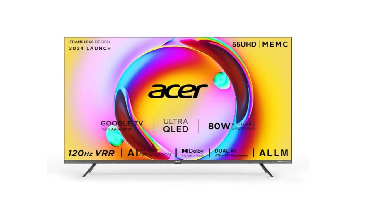 Acer 55‑Inch Super Series QLED Powered by Android 14, this QLED TV features MEMC for smoother motion and ALLM for low-lag gaming. Dolby Vision &amp; Atmos support and 80W speakers deliver immersive visuals and sound.