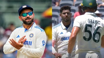 Harshit Rana on exchange with Mitchell Starc at BGT (PTI Photo)