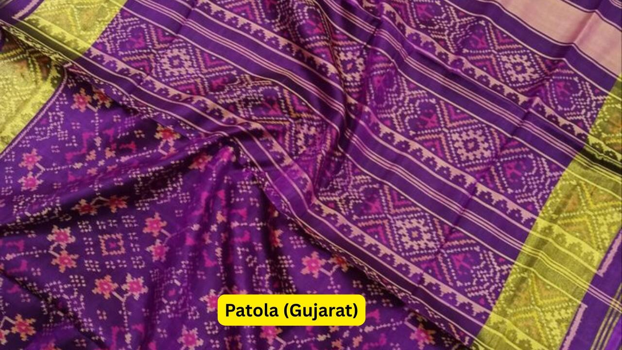 Patola (Gujarat) Patola sarees ae rare and take months to weave. They use double-Ikat technique. The patterns are often symmetrical and rich in colour. (Image: Pinterest) 