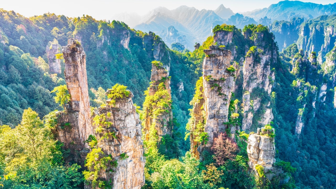 3. Zhangjiajie National Forest Park, China The tall sandstone pillars here inspired the floating mountains in Avatar. Covered in lush greenery, they rise like natural skyscrapers through the misty clouds. Walking across the park’s glass bridges gives you a bird’s-eye view of this stunning sight. (Image: Canva)