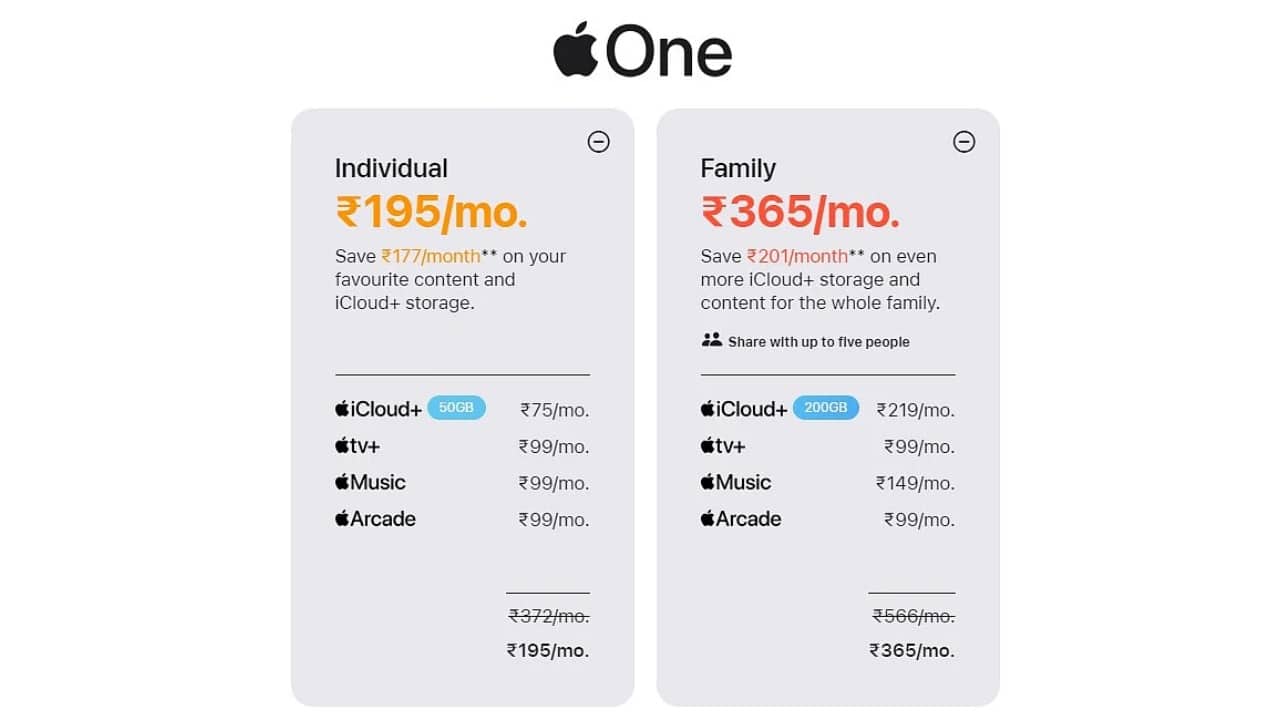 Individual Plan – Rs 195/month Includes: • Apple Music • Apple TV+ • Apple Arcade • iCloud+ with 50GB storage You save Rs 197/month compared to subscribing separately. Individual Plan – Rs 195/month Includes: • Apple Music • Apple TV+ • Apple Arcade • iCloud+ with 50GB storage You save Rs 197/month compared to subscribing separately.