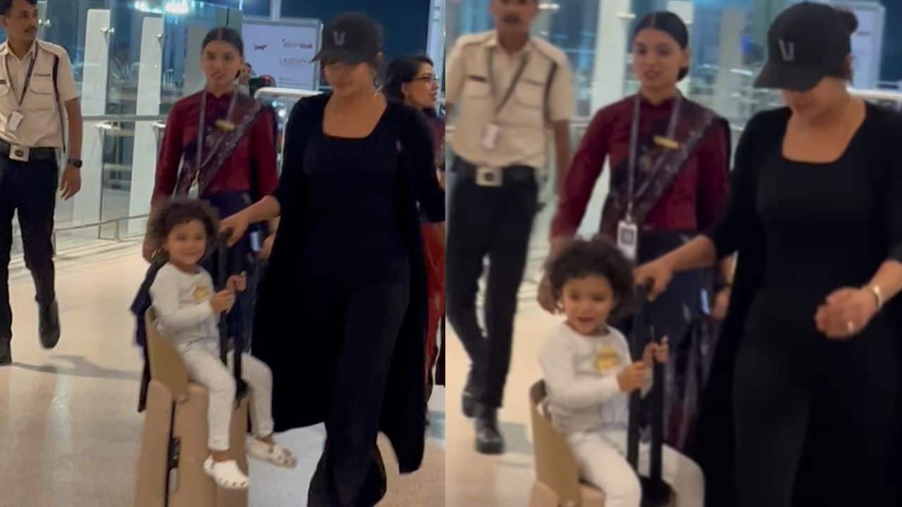 Priyanka Chopra's daughter Malti enjoys sweet airport bag ride; actress reacts as a bag hits latter's head: Watch