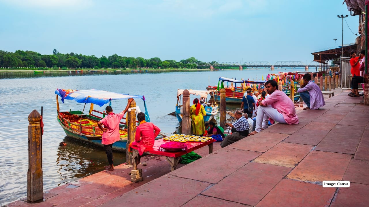 4. Vishram Ghat Located along the Yamuna River, Vishram Ghat is spectacular during Janmashtami evenings, when hundreds of diyas float on the water, priests perform grand aarti, and the river reflects the shimmering festive lights. (Image: Canva)