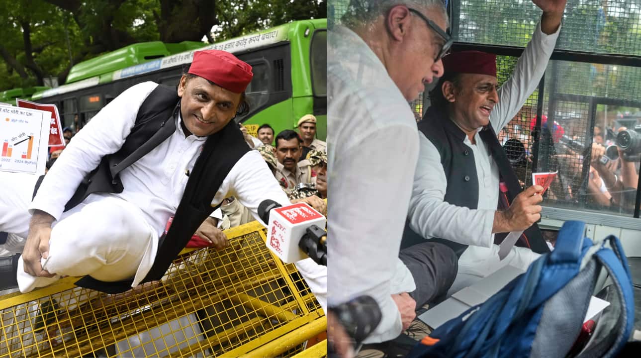 Dramatic scenes unfolded at the INDIA bloc protest to the ECI, with Samajwadi Party chief Akhilesh Yadav seen jumping over a police barricade. (Image: ANI)