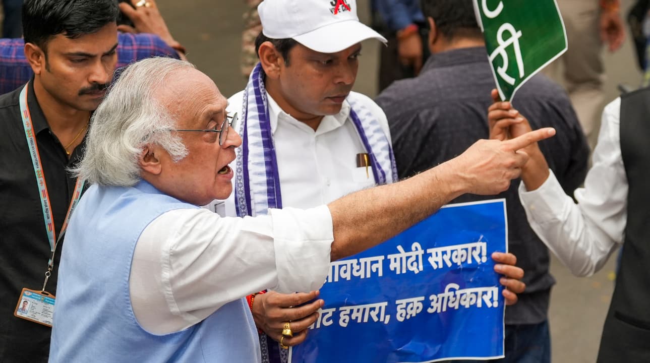 "We wanted to take out a peaceful protest march from Parliament to the Election Commission office. However, we have been stopped by the Delhi Police from moving forward. We had already written to the EC that all MPs collectively wanted to hand over a memorandum to the EC," Congress leader Jairam Ramesh told PTI. (Image:PTI)