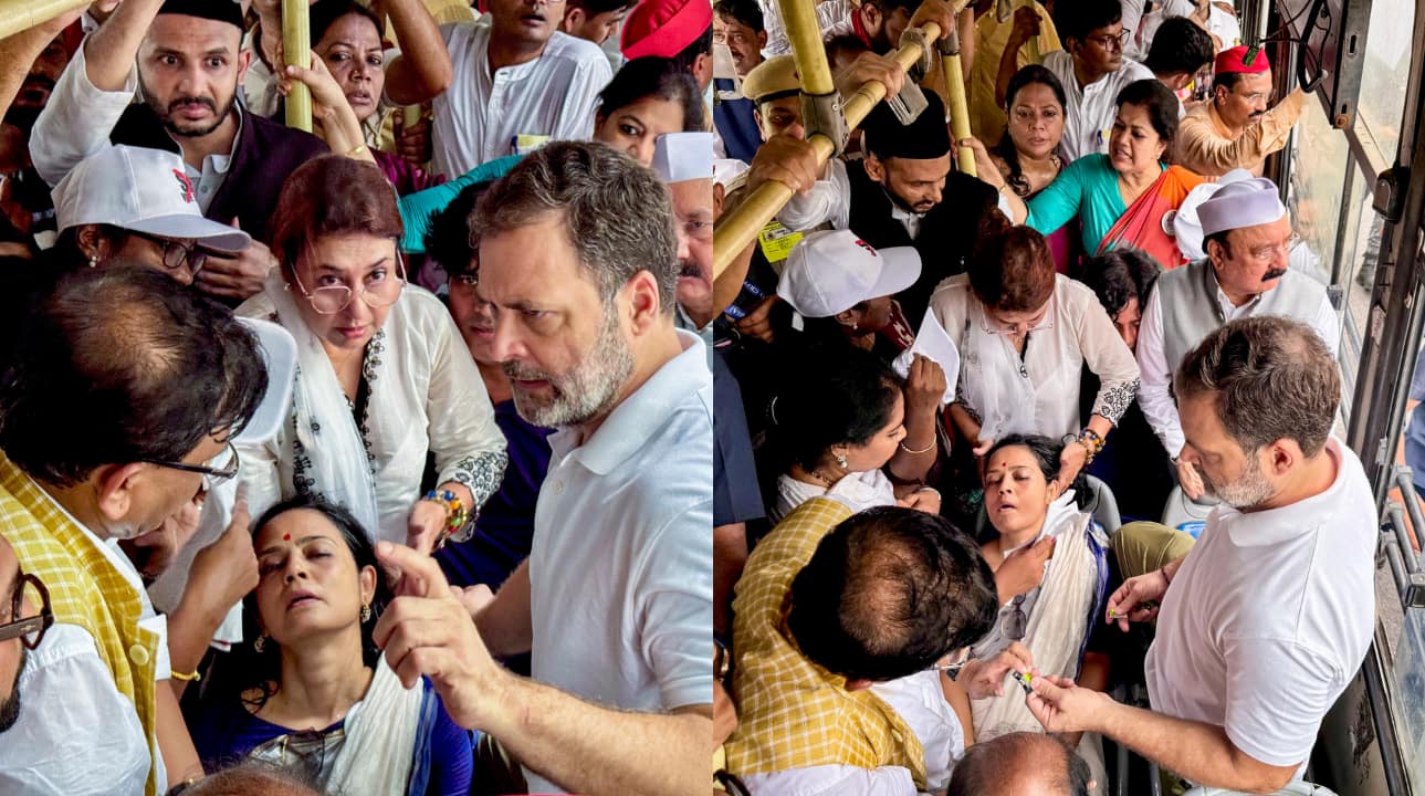 As Mahua Moitra fainted, Congress leader Rahul Gandhi and Shiv Sena (UBT) MP Sanjay Raut were seen attending her in the bus. (Image: PTI)