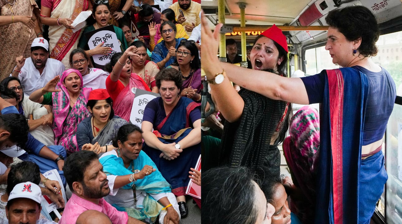 Priyanka Gandhi was also detained as Delhi Police stopped the leaders marching from Parliament. She said, "Dare hue hai. Sarkaar kaayar hai." (They are scared, the government is coward)". (Images: ANI/PTI)