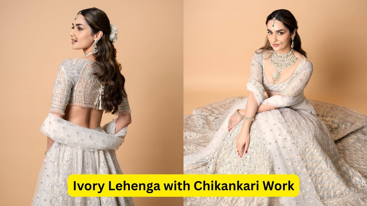 Ivory Lehenga with Chikankari Work Manushi Chillar shows with her fit how ivory can further be elevated with traditional chikankari. Her lehenga set beautifully blends heritage with modern style, celebrating the past and the present. It is bound to make a statement on your D-day, setting you apart from the crowd. (Image: Canva)