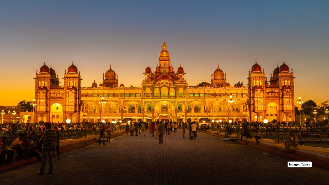 3. Mysore Palace, Karnataka Known for its grand Durbar Hall and dazzling illumination during festivals, Mysore Palace is an iconic symbol of Karnataka’s royal heritage and opulent architecture. (Image: Canva)