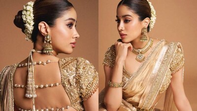 Janhvi Kapoor radiates royalty in Manish Malhotra’s gold handwoven tissue lehenga