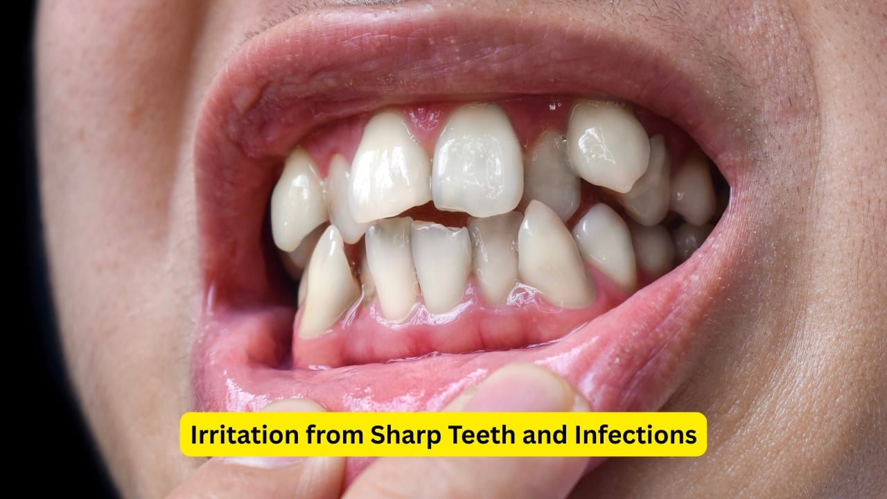 Irritation from Sharp Teeth and Infections Leukoplakia can also occur because of long-term irritation by a sharp tooth. Not only that, sharp or jagged teeth can also rub against the soft tissues, and predispose one to leukoplakia. Other infections like syphilis have also been reported to cause leukoplakia in susceptible individuals.(Image: Canva) 