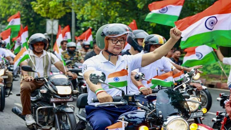 Union Minister Kiren Rijiju takes part in 'Har Ghar Tiranga' bike rally in New Delhi. (Image: X//@KirenRijiju)