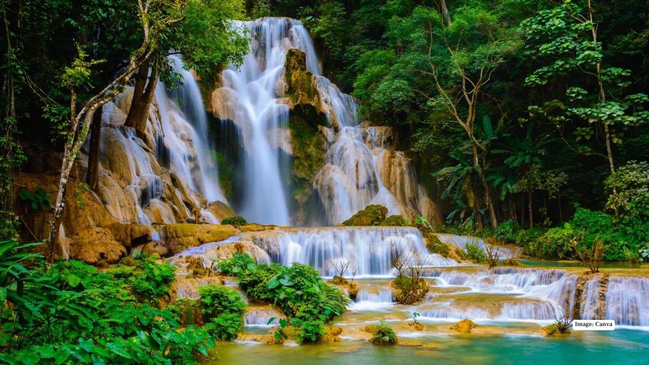 1. Kuang Si Waterfalls – A multi-tiered cascade nestled in lush rainforest. Perfect for swimming, photography, picnics, and spotting local wildlife like bears at the nearby rescue center. (Image: Canva)