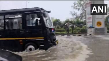 Heavy early morning rainfall triggered waterlogging in parts of Gurugram. Basai Road was seen submerged in visuals shared by commuters on X. (Photo: X)