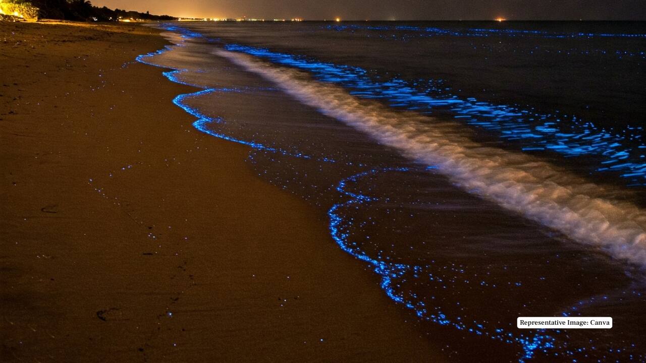 10. Mudhdhoo Island, Maldives Also known as &quot;Baa Atoll,&quot; this location offers another spectacular display of bioluminescence. The glow comes from ostracod crustaceans that produce light through chemical reactions, best seen between June and October. (Representative Image: Canva)