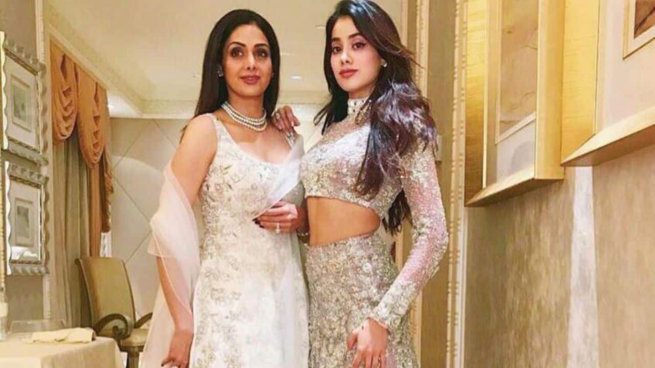 Regal affection Sridevi is dressed in a shimmering regal gown. Janhvi looked equally elegant in a blush pink gown with subtle sequins and leaned affectionately towards her. The photograph reflects a warm mother-daughter bond.