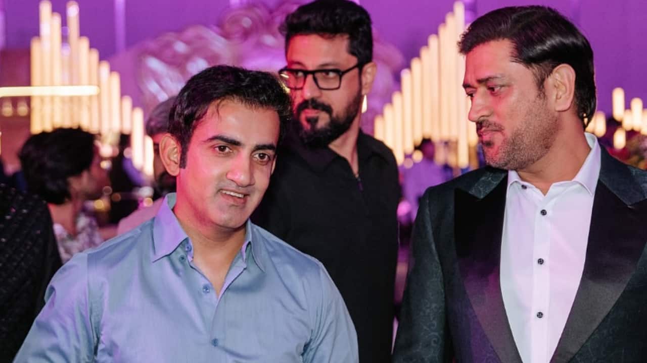 MS Dhoni and Gautam Gambhir were snapped together at a wedding party, which has gone viral on social media. The duo attended the wedding party of Utkarsh Sanghvi, brother of Harsh Sanghvi, a Minister of State from Gujarat. (Instagram/House of Events)