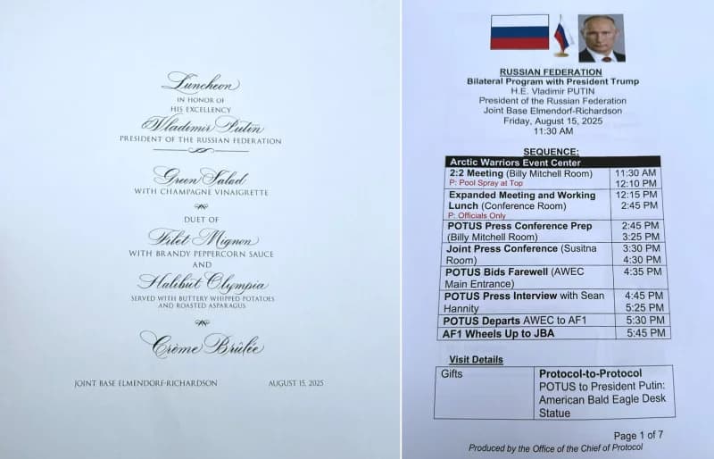 Pictures of two documents about the Trump-Putin meeting in Alaska that were found in a public hotel printer in Anchorage. (Image of the documents obtained by NPR)