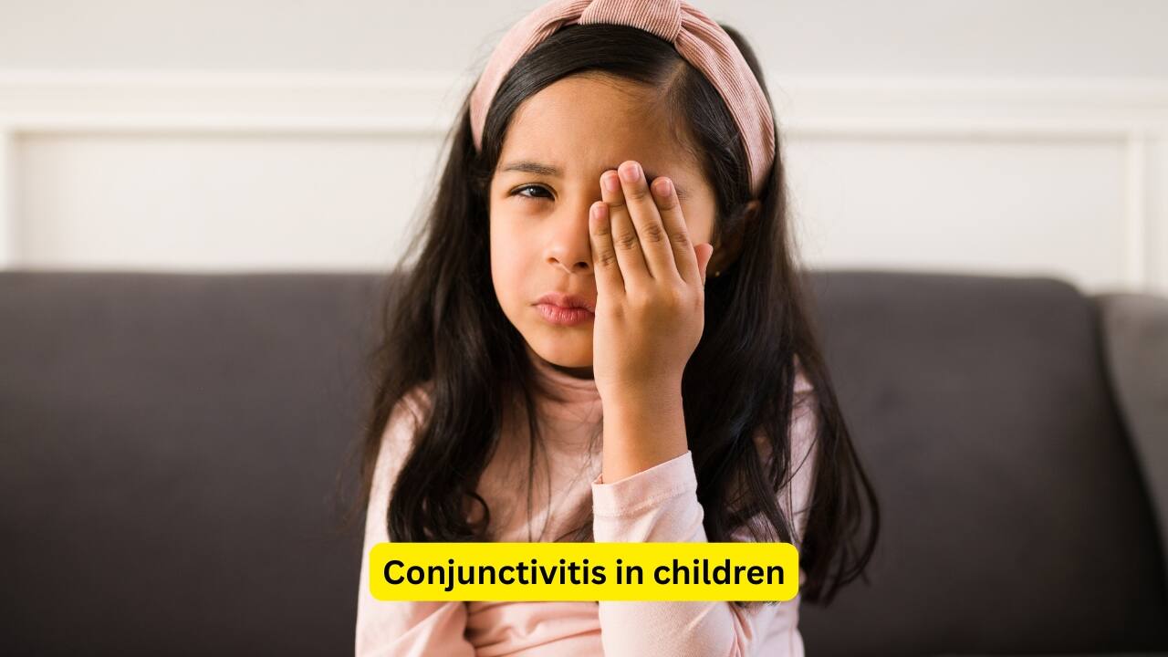 Conjunctivitis in children Children may also develop conjunctivitis (occurs due to diphtheria) and may experience severe pain in the affected eye(s). Some discharge is not uncommon, and the eye-lids may become swollen and hard. A thick, greyish-yellow membrane may be seen, that becomes adherent to the conjunctiva.(Image: Canva)