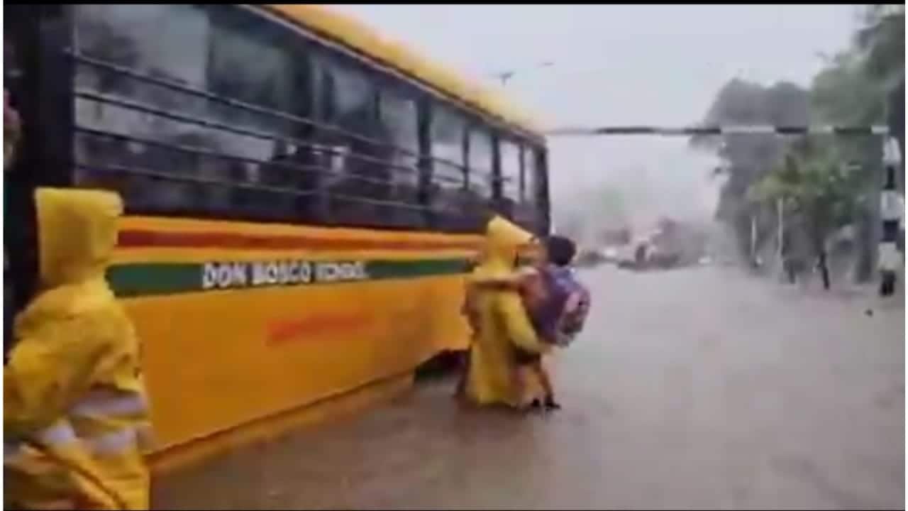 Due to the incessant rains, the schools conducting morning shifts declared a half-day and students were allowed to go early. A private school bus carrying six children and two staffers got stuck at an inundated spot in Matunga area of central Mumbai for more than half-an-hour. (Photo: X)