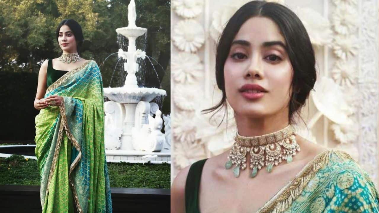 Green and Blue Banarasi Saree In a royal green-blue Banarasi saree, Janhvi channels timeless heritage elegance. The heavy choker and dark blouse complete her traditional yet powerful appearance, perfect for grand celebrations.