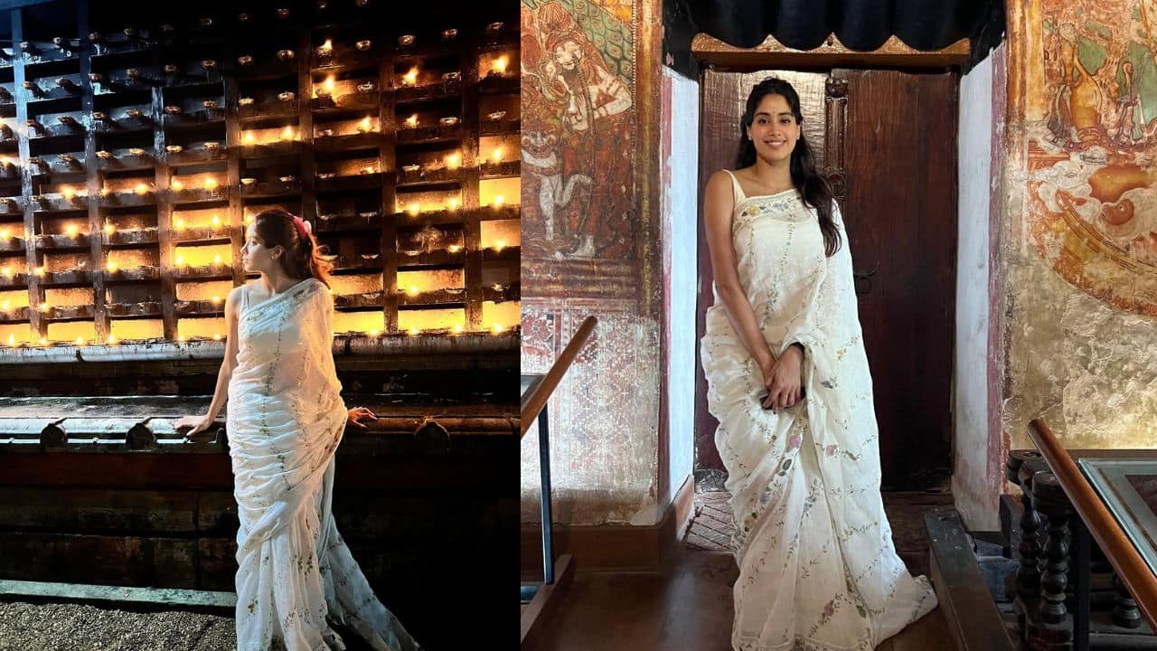 Minimal White Saree This understated white saree reflects Janhvi’s softer side. The subtle floral prints and natural setting highlight her grace, making the look both serene and timeless.