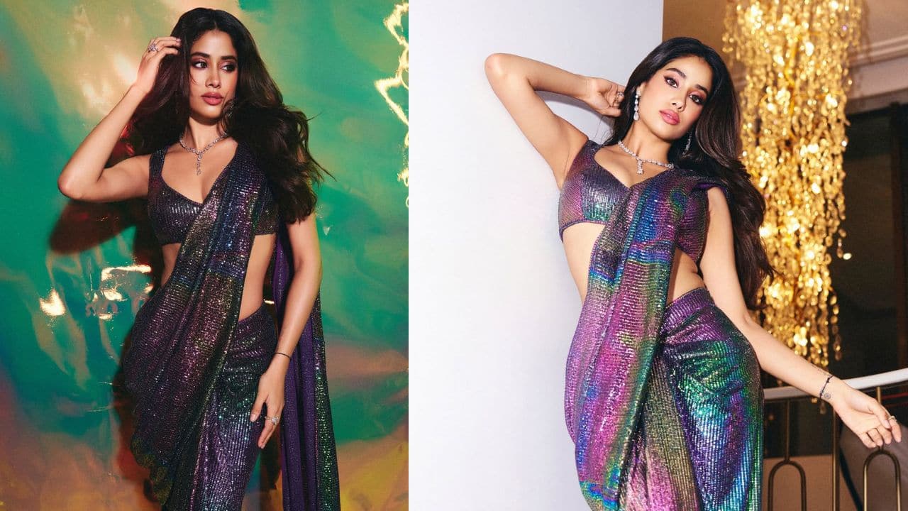 Metallic Shimmer Saree In a bold metallic rainbow-toned saree, Janhvi channels a futuristic glam goddess. The drape, paired with minimal diamond jewellery and sultry makeup, makes it a true red-carpet head-turner.