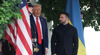 WASHINGTON, DC - AUGUST 18: U.S. President Donald Trump greets Ukrainian President Volodymyr Zelensky at the White House on August 18, 2025 in Washington, DC. 