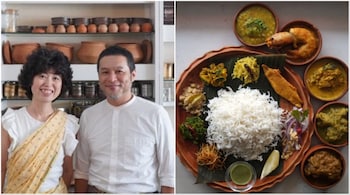 Japanese chef Koji Nakayama, 50, and his wife Sachiko, 45. (Right) A Bengali thali served by the Nakayamas at the restaurant Indian Spice Factory. (Image credit: Moneycontrol)