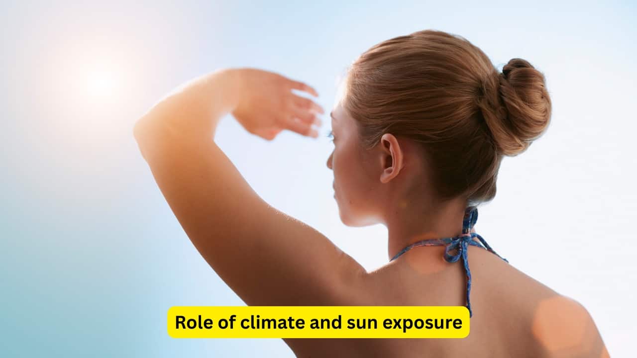 Role of climate and sun exposure Pterygium is more commonly seen in people who live climates that are often hot. Prolonged exposure to sun may lead to the development of pterygium. The ultraviolet rays from the sun may play a role in the etiology of this condition. Dry heat can also contribute to this.(Image: Canva) Role of climate and sun exposure Pterygium is more commonly seen in people who live climates that are often hot. Prolonged exposure to sun may lead to the development of pterygium. The ultraviolet rays from the sun may play a role in the etiology of this condition. Dry heat can also contribute to this.(Image: Canva)