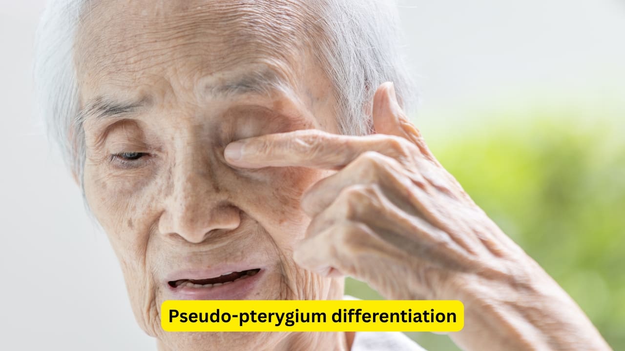 Pseudo-pterygium differentiation Pterygium must be differentiated from pseudo-pterygium, which issues a fold of bulbar conjunctiva that attaches to the cornea. It can occur any age, and may occur at any site in the eye. It is neither progressive nor regressive, and remains stationary. A probe can be passed under a pseudo-pterygium.(Image: Canva) Pseudo-pterygium differentiation Pterygium must be differentiated from pseudo-pterygium, which issues a fold of bulbar conjunctiva that attaches to the cornea. It can occur any age, and may occur at any site in the eye. It is neither progressive nor regressive, and remains stationary. A probe can be passed under a pseudo-pterygium.(Image: Canva)