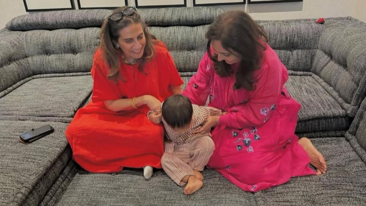 With grandmothers This photo highlights Vayu with his dadi, Priya Ahuja and nani Sunita Kapoor. The grandmothers’ doting smile and warmth bring an added charm to the birthday celebration, showing the immense love that surrounds the little one.