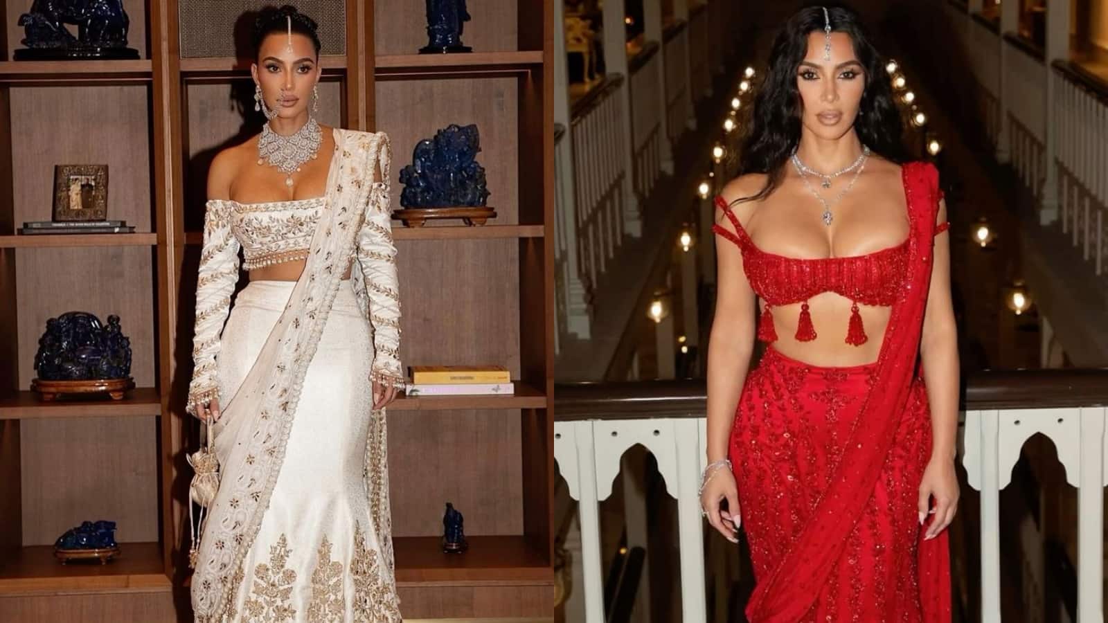 Kim Kardashian Kim Kardashian brought her trademark glamour to India when she attended the Ambani celebrations with her sister Khloé. She wore a pristine white saree for one occasion and switched to a bold red saree the next, each styled with her signature fashion flair. The trip wasn’t without drama—Kim misplaced a diamond necklace during the event, which was never recovered. Despite the mishap, her saree looks turned into talking points across global fashion circles, proving once again her ability to set trends anywhere she goes.