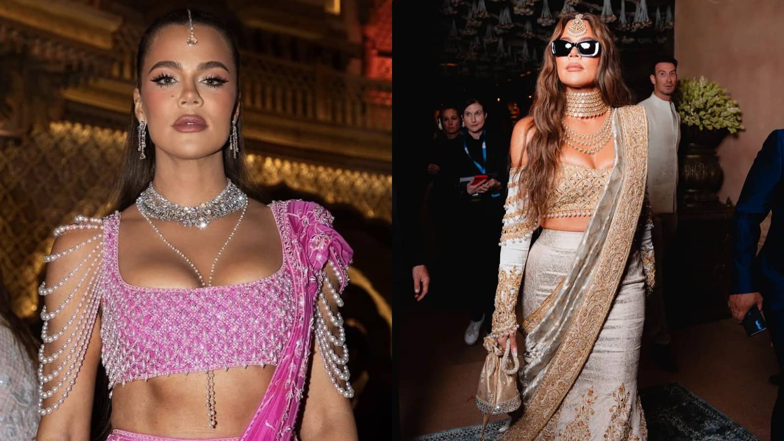 Khloé Kardashian Khloé Kardashian embraced the sparkle of Indian fashion when she attended the Ambani festivities. She stunned in a soft pink saree for one ceremony and switched to a shimmering grey-golden saree for another. Later, she shared details about the grandeur of the wedding, including the Ambanis’ one-of-a-kind musical wedding invitation that weighed nearly 20 kilograms. Her outfits and candid revelations gave fans a closer glimpse into both her style and the sheer scale of the celebration.