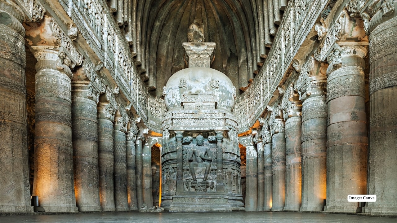 1. Ajanta Caves, India These Buddhist sanctuaries (2nd century BCE–480 CE) are celebrated for their luminous murals, delicate carvings, and expressive sculptures—considered the pinnacle of ancient Indian rock-cut architecture and spiritual artistry. (Image: Canva)