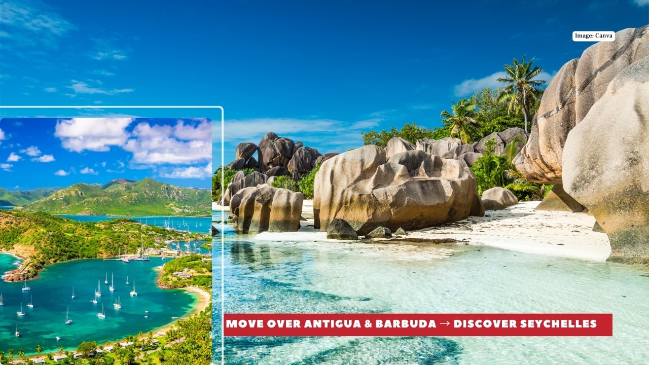 3. Antigua &amp; Barbuda → Seychelles The Caribbean is postcard-perfect, but Antigua’s cruise port crowds can quickly change that picture. Swap it for the Seychelles, a scatter of islands in the Indian Ocean where time slows down. With nearly half of its land under protection, you’ll wander through UNESCO-listed forests, swim beside giant tortoises, and nap on beaches so quiet you’ll hear only the waves. It’s beauty with built-in seclusion. (Image: Canva)