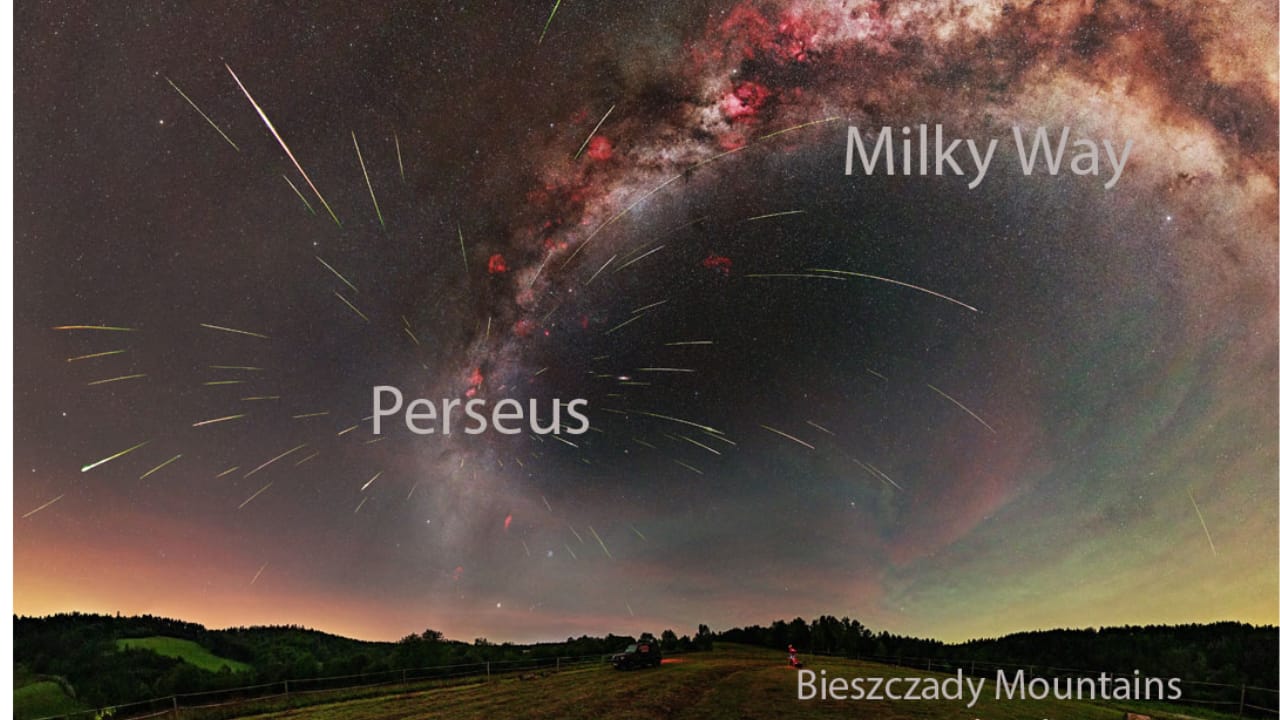 Perseids from Perseus: The Perseids meteor shower originates from debris of Comet Swift-Tuttle, appearing to radiate from Perseus, with bright streaks lighting skies despite competition from the Moon. (Image: NASA)