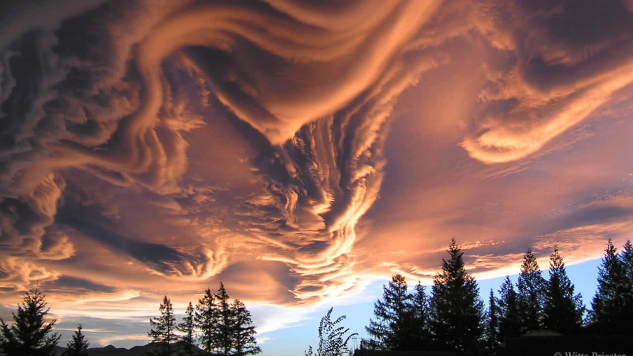 Asperitas Clouds Over New Zealand: Asperitas clouds, rare and dramatic with wavy undersides, were seen over Hanmer Springs, New Zealand, in 2005, illuminated beautifully by sunlight despite their mysterious origins. (Image: NASA)