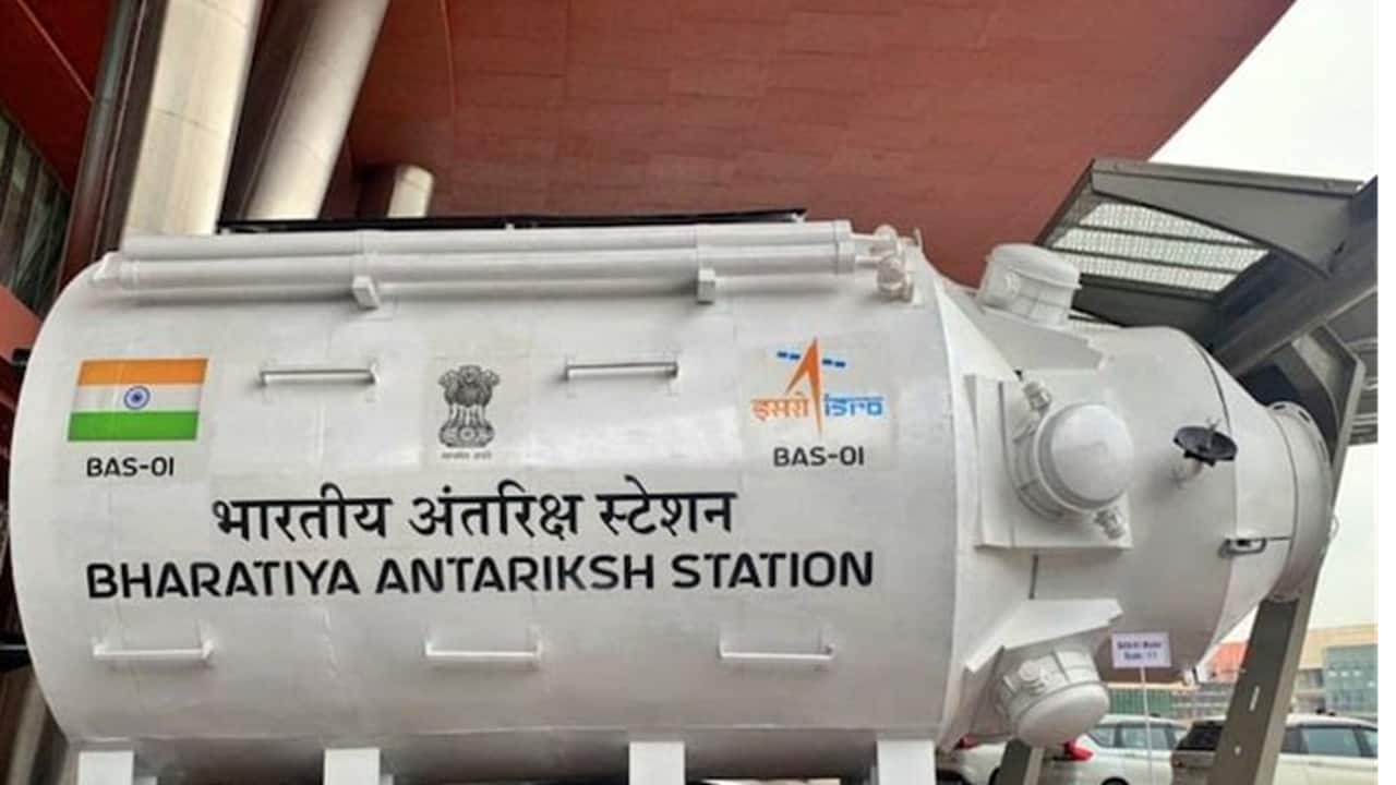 ISRO showcases the model of Bharatiya Antariksh Station (BAS) on National Space Day in Delhi.