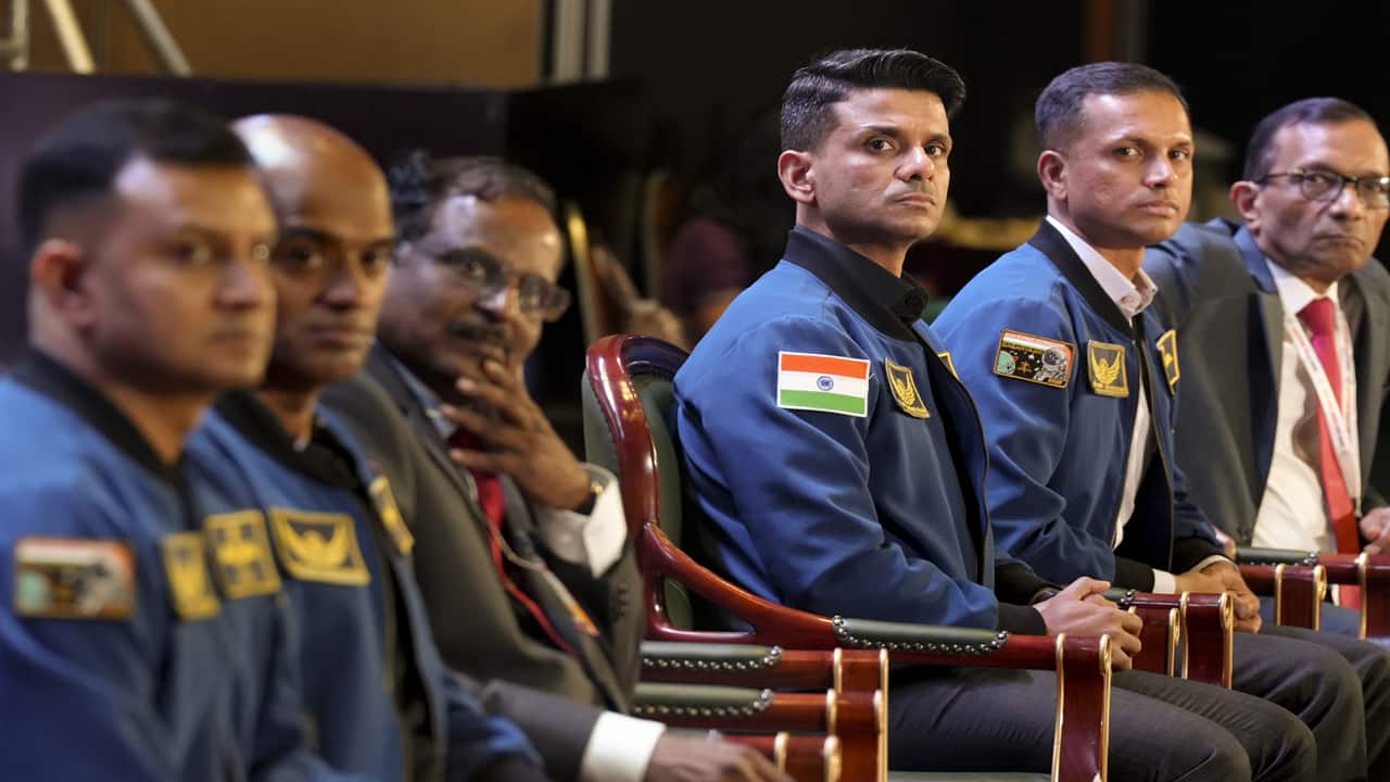 Union Minister of Science and Technology Jitendra Singh, Indian Space Research Organisation (ISRO) Chairman V Narayanan, Group Captain Shubhanshu Shukla, Group Captain Prasanth Balakrishnan Nair, Group Captain Ajith Krishnan, Group Captain Angad Pratap and others during the unveiling of first look of the Bharatiya Antriksh Station (BAS) on the occasion of the National Space Day, at Bharat Mandapam, in New Delhi.